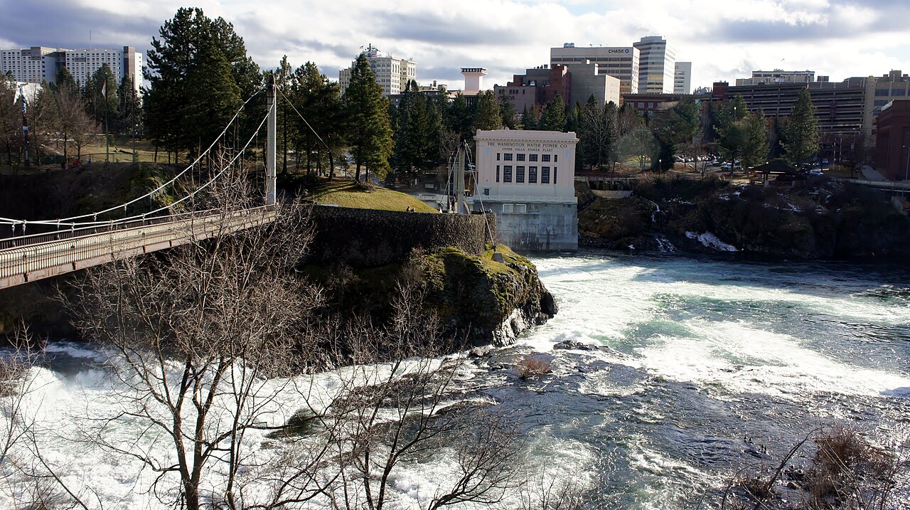 The Spokane River falls and Upper Falls power plant in downtown Spokane, Washington